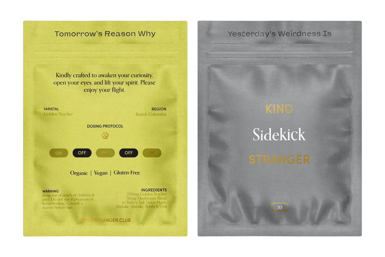 A Kind Stranger Brighten pack and a Sidekick pack side by side.