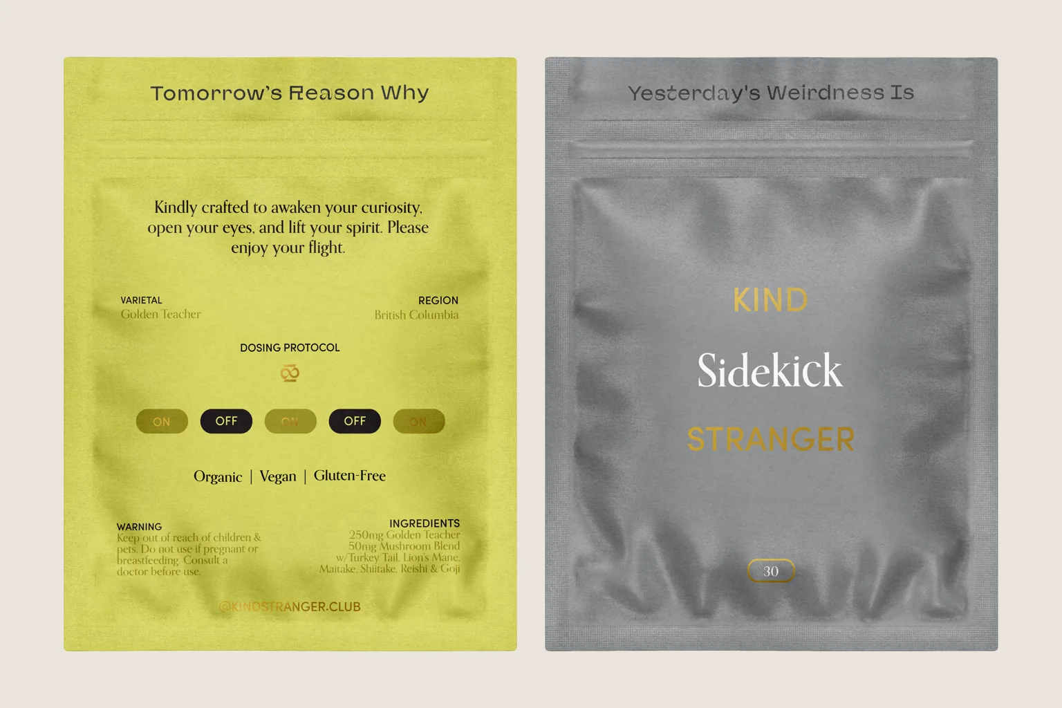 A Kind Stranger Brighten pack and a Sidekick pack side by side.