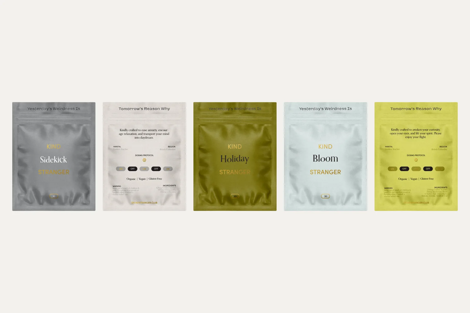 Kind Stranger Sidekick, Daydream, Holiday, Bloom and Brighten packs in a row.