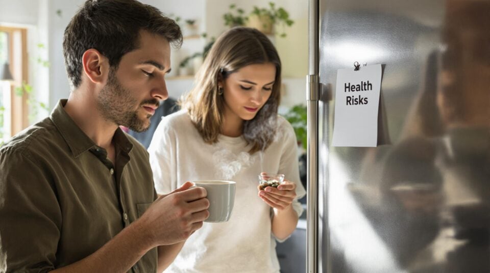 Canadians in kitchen examining microdosing capsules with ‘Health Risks’ note