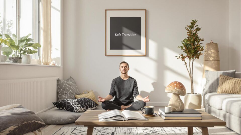 Person meditating in bright living room, reflecting safe psilocybin transition