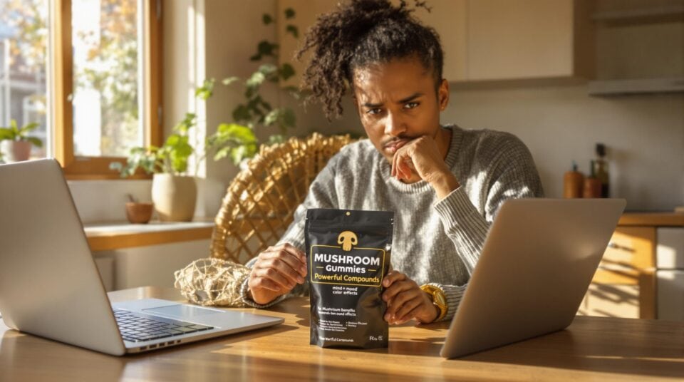 Person inspecting mushroom gummies at kitchen table, researching effects