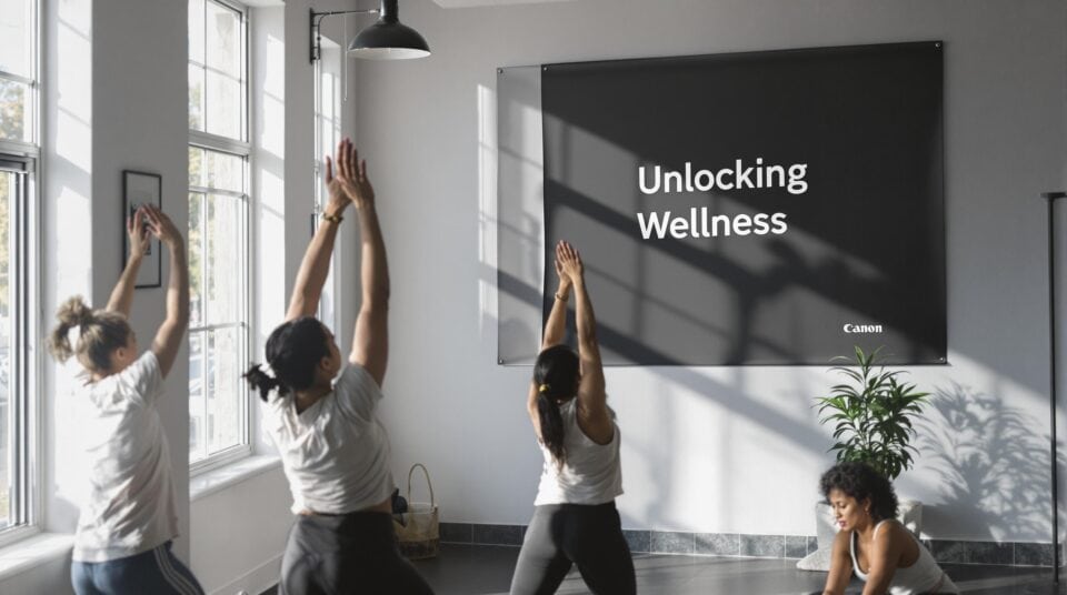 People warming up in a gym with ‘Unlocking Wellness’ on the wall