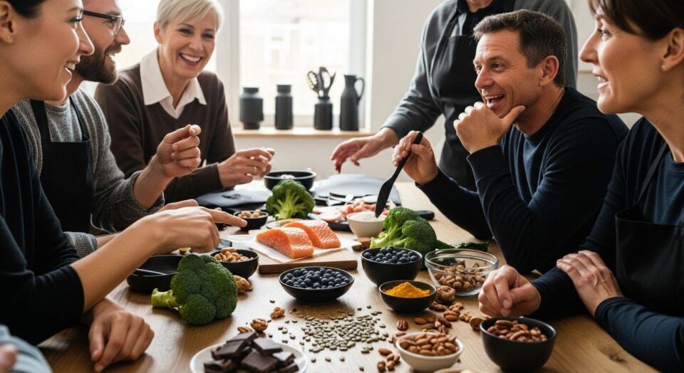 brain health foods, healthy eating, diverse group cooking