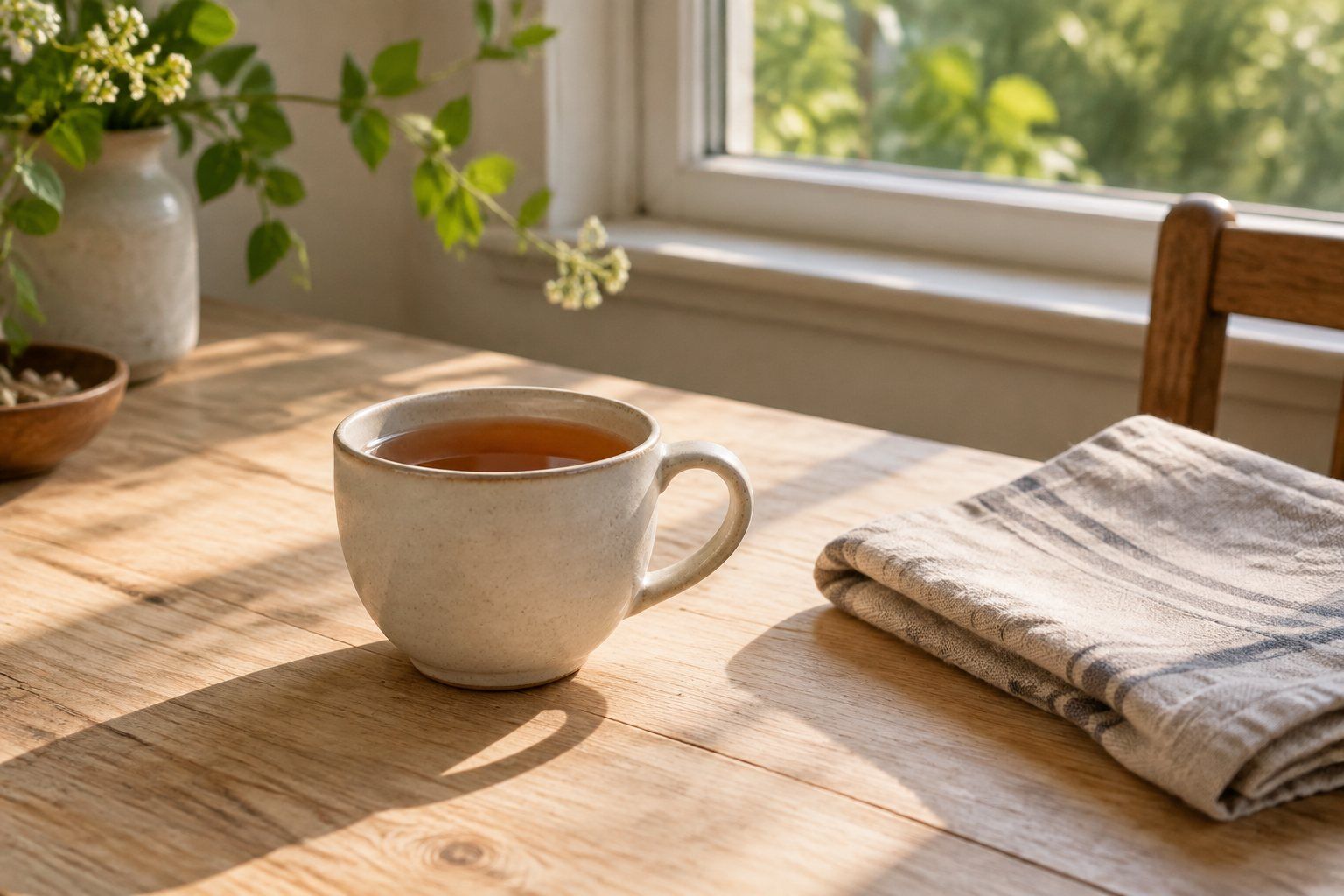 A cup of tea and a folded napkin on a morning table.