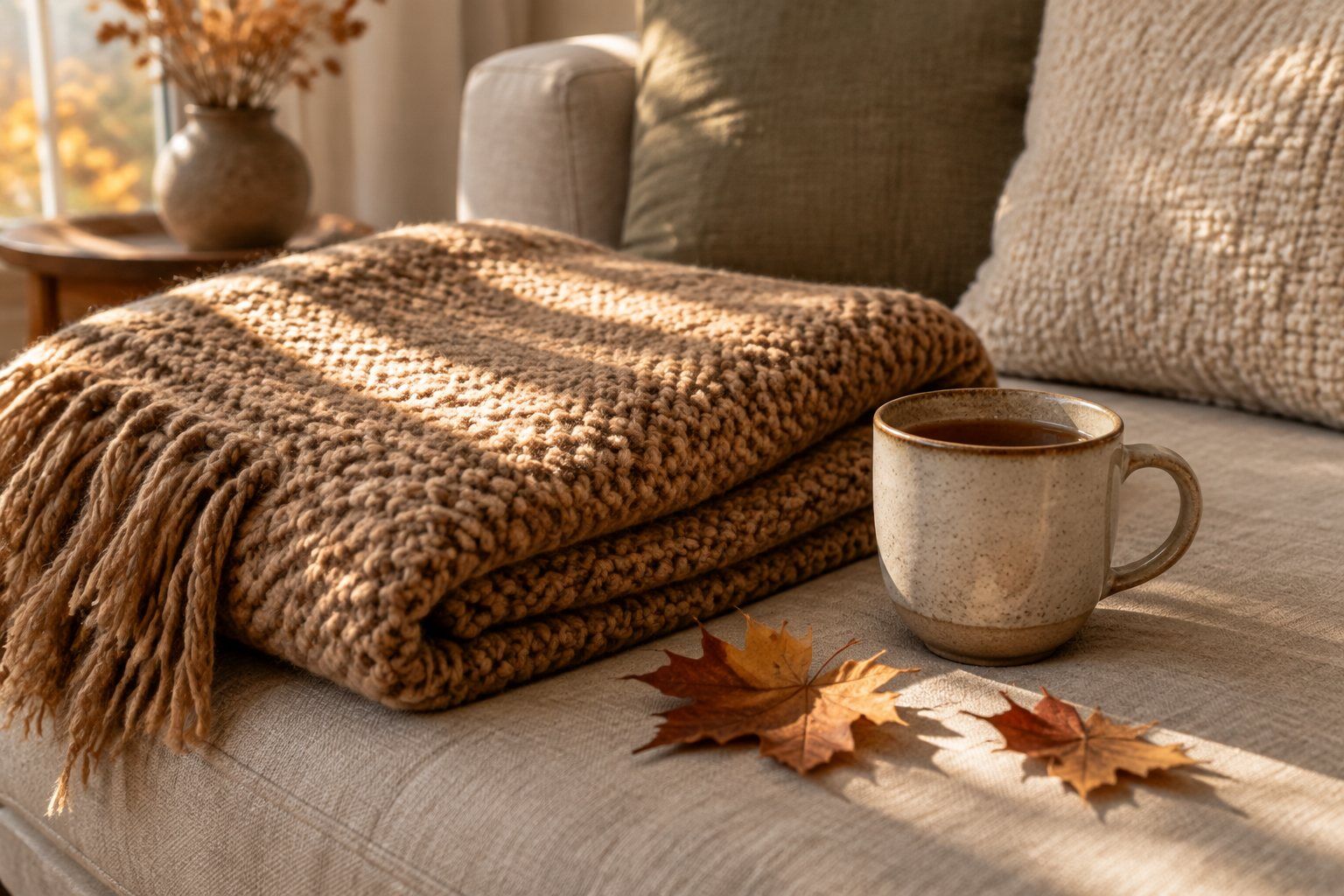 A camel knit blanket, a mug of tea, and autumn leaves on a sofa in warm window light.
