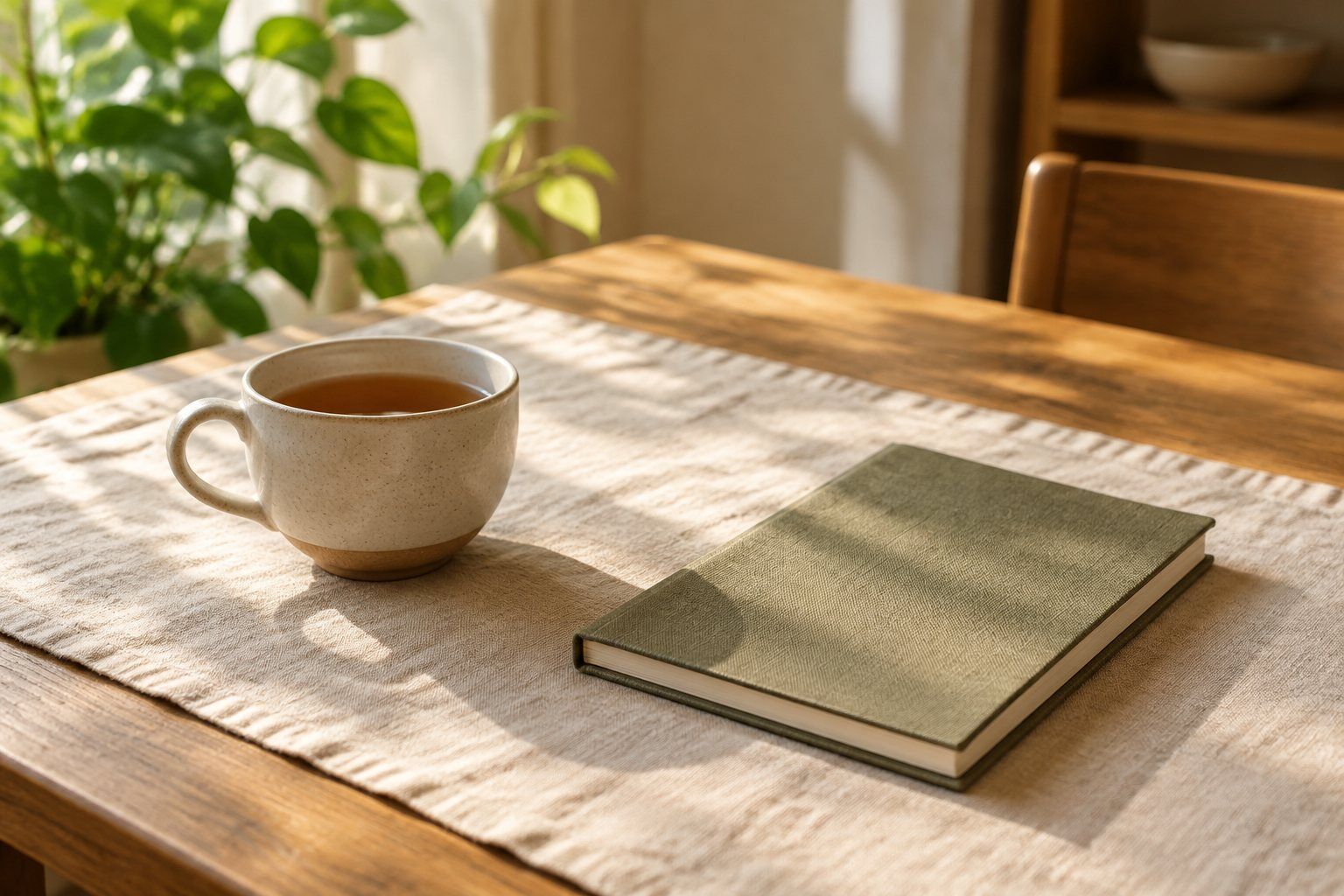 A cup of tea and a closed notebook on a sunlit wooden table.
