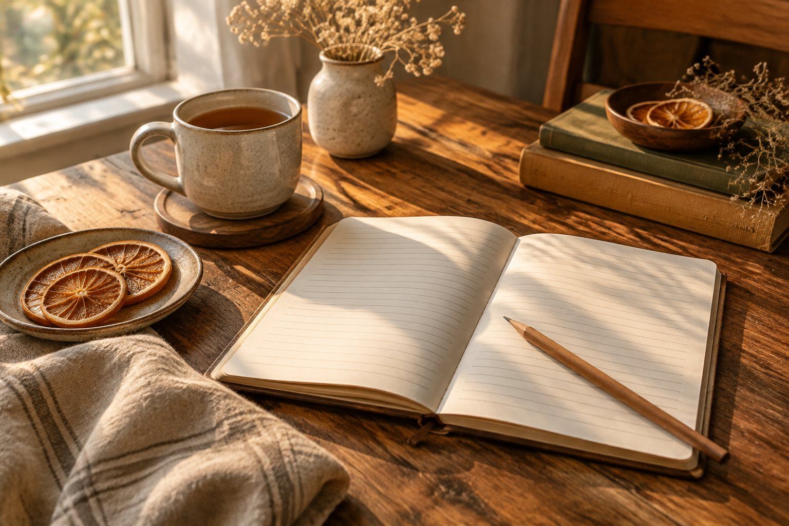 A cup of tea, dried orange slices, and an open lined notebook with a pencil on a sunlit wooden table.