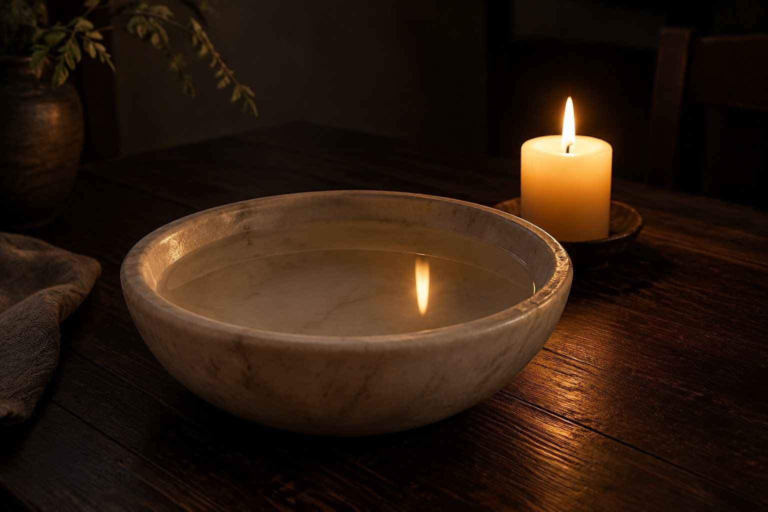 A stone bowl of still water with a candle flame reflected in it.