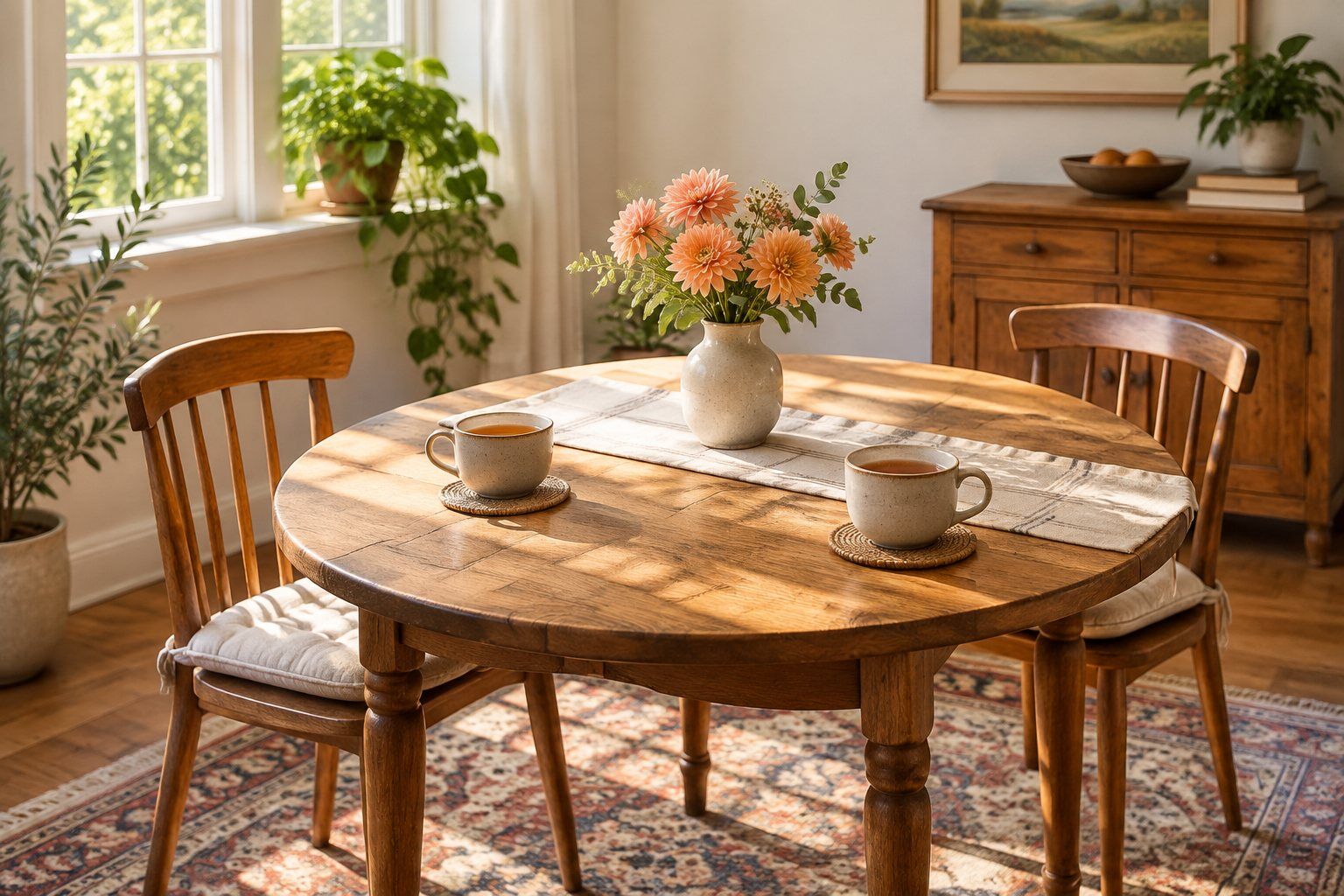 A sunlit table with two cups of tea and a small vase of flowers.