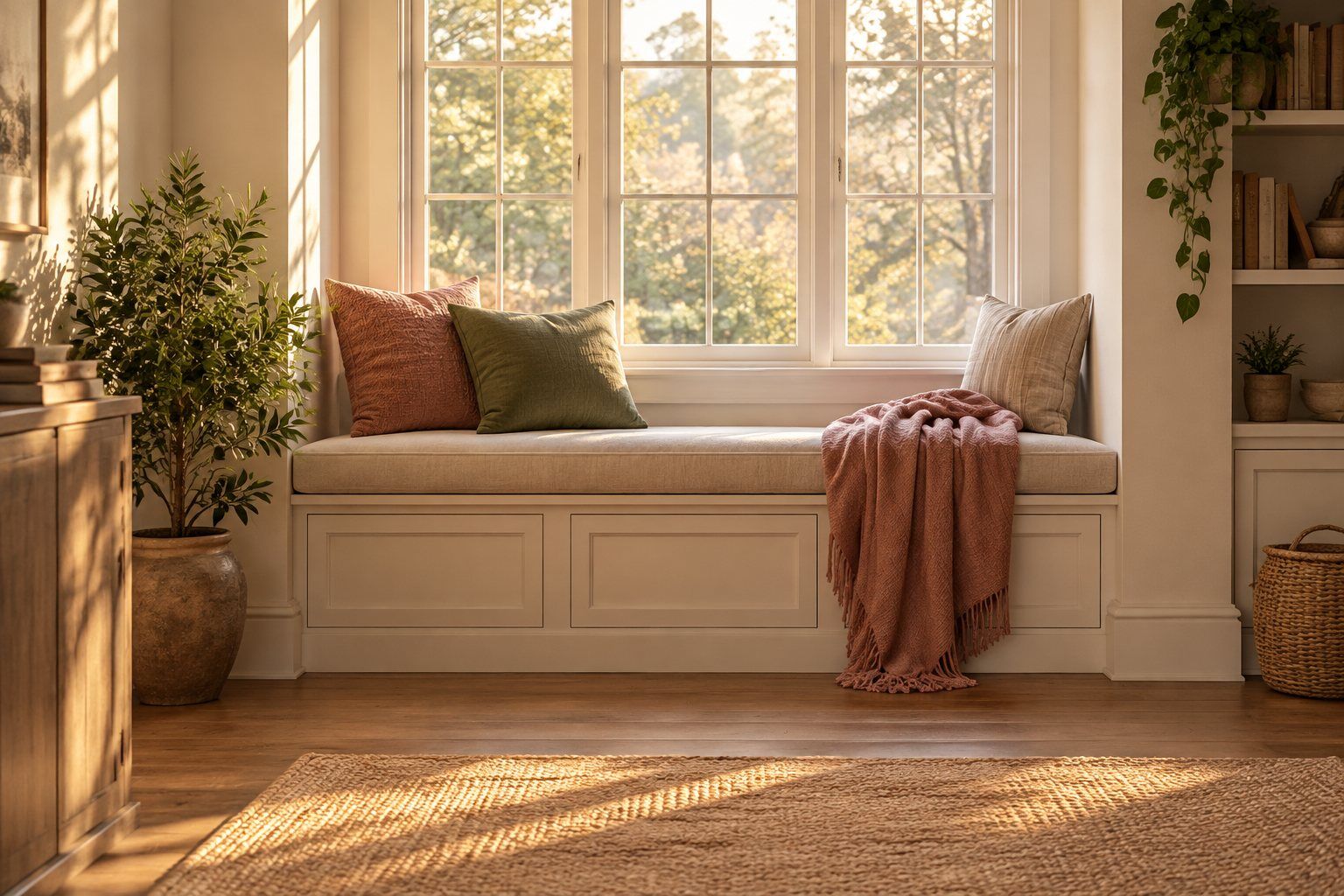 A window seat with a rose throw and an olive cushion.