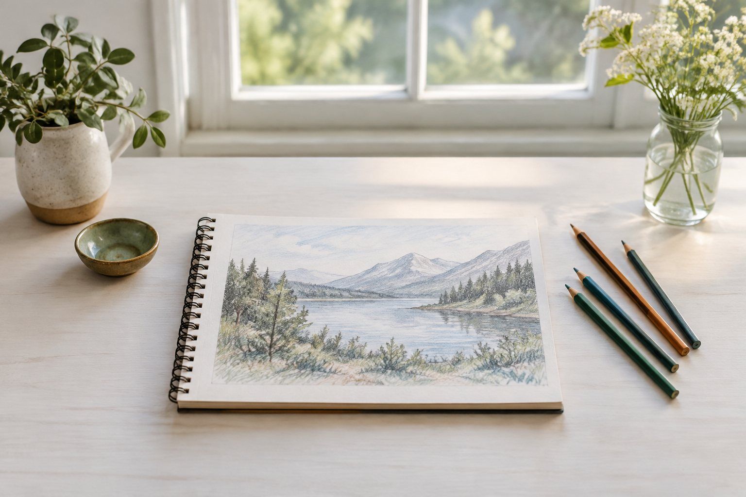 A sketchbook and colored pencils on a pale table by a window.