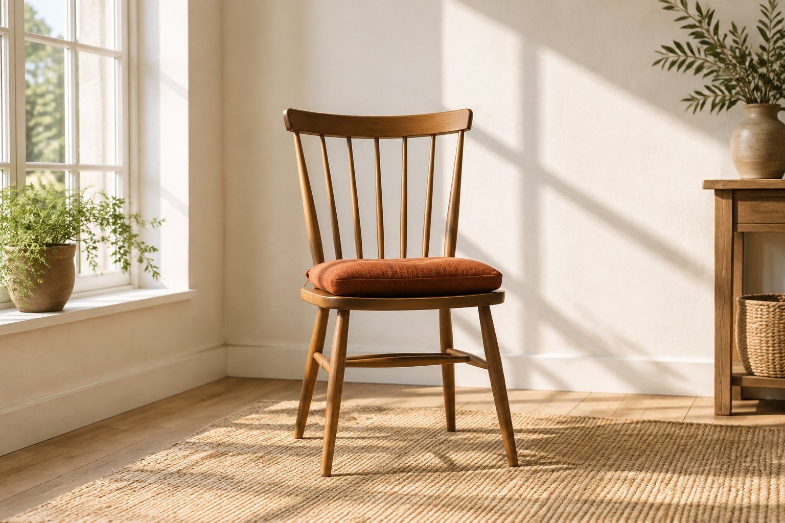 A wooden chair in warm afternoon light.