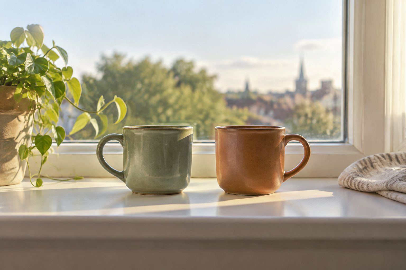 Two ceramic cups side by side on a windowsill.