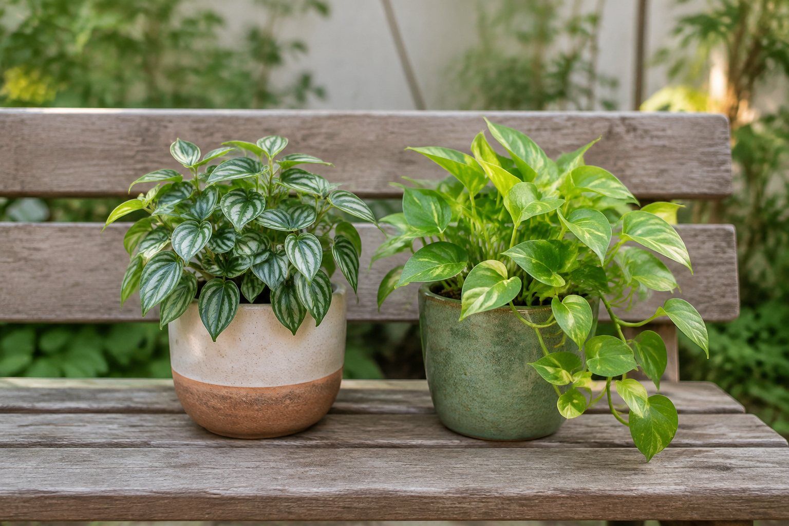 Two small potted plants on a wooden bench.