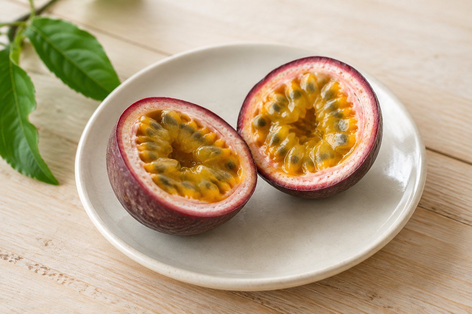 A passionfruit cut in half on a cream plate.