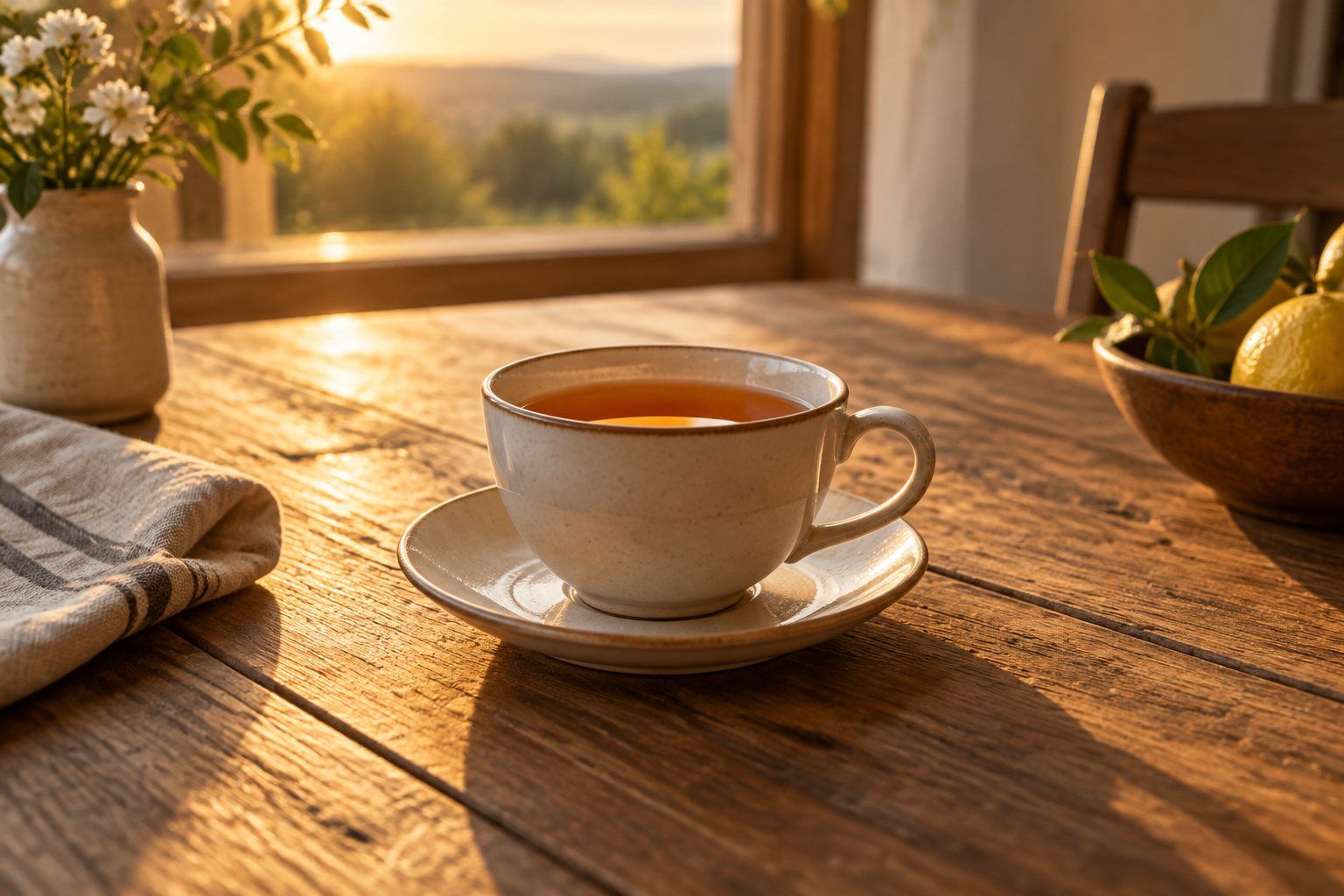 A cup of tea on a wooden table in golden hour light.