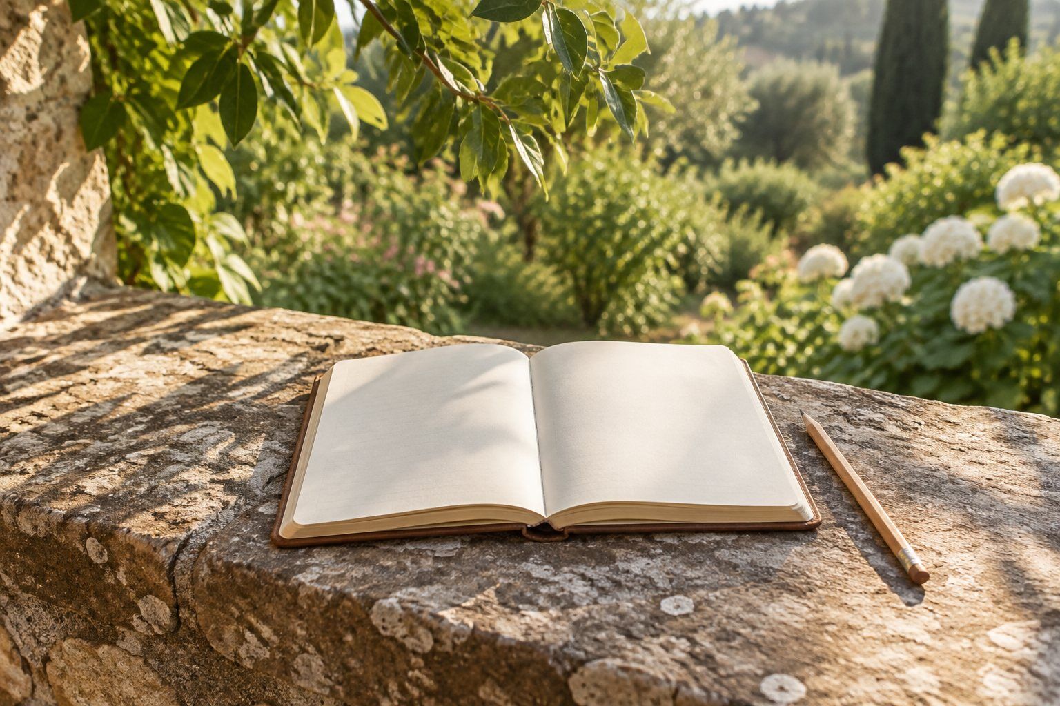 An open journal and a pencil on a sunlit stone ledge.