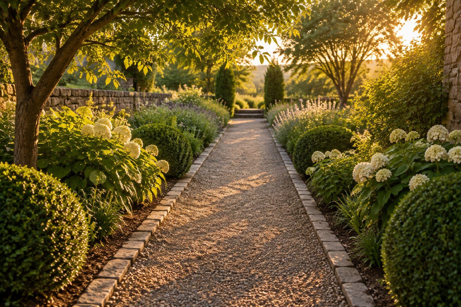 A garden path in warm late light.