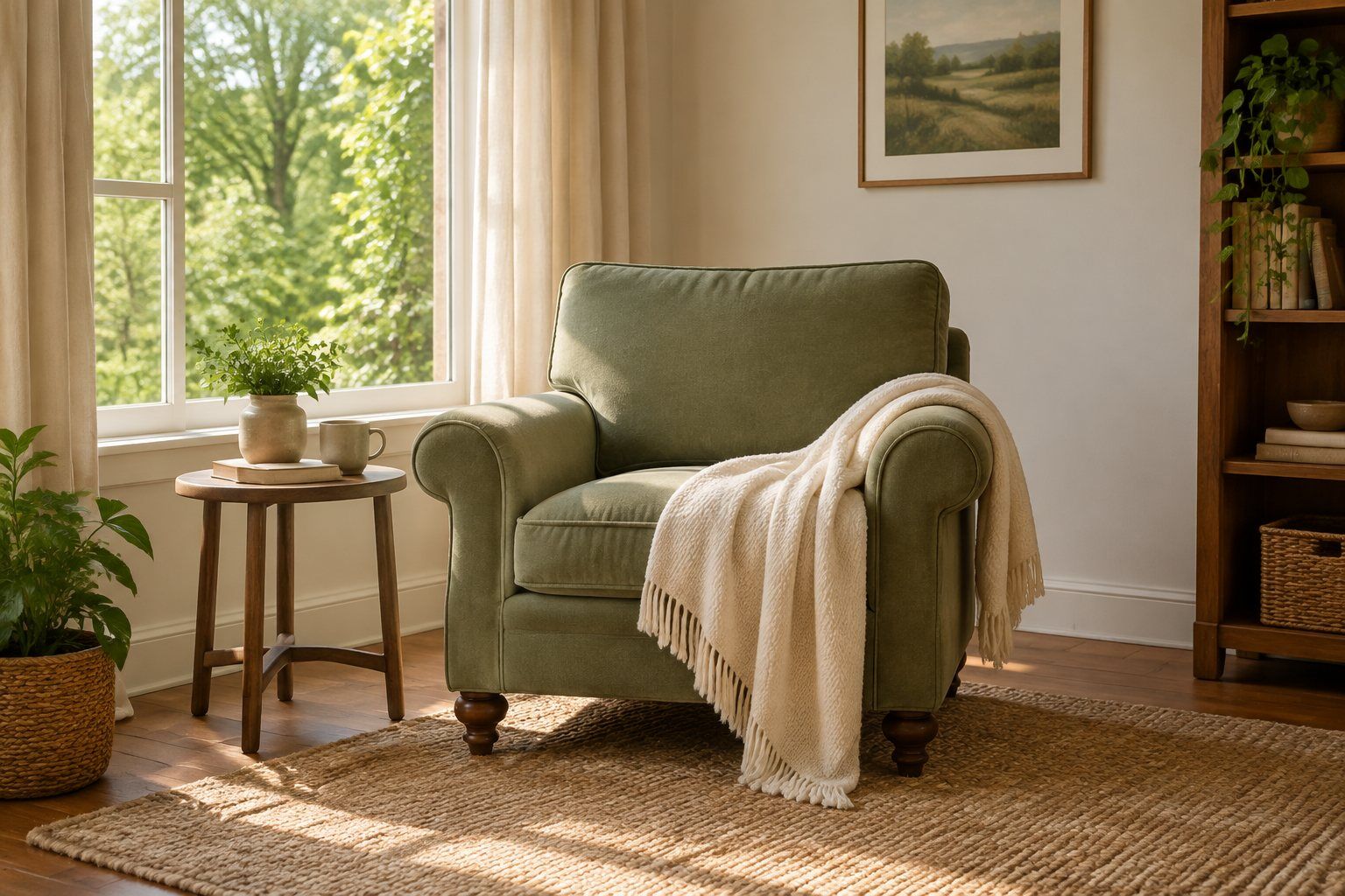 An armchair with a cream blanket beside a window.