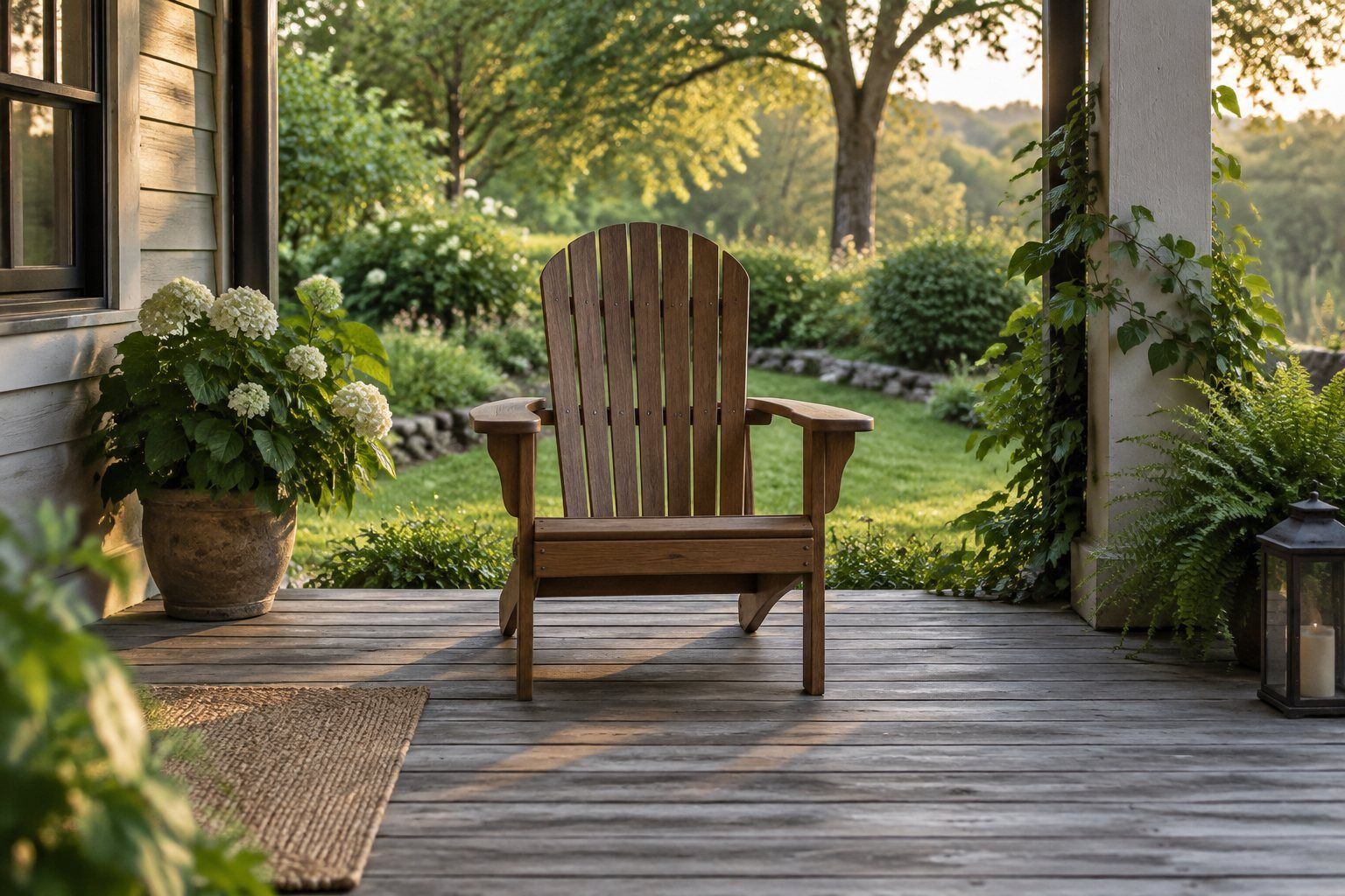 A wooden chair on a shaded porch looking onto a green garden.