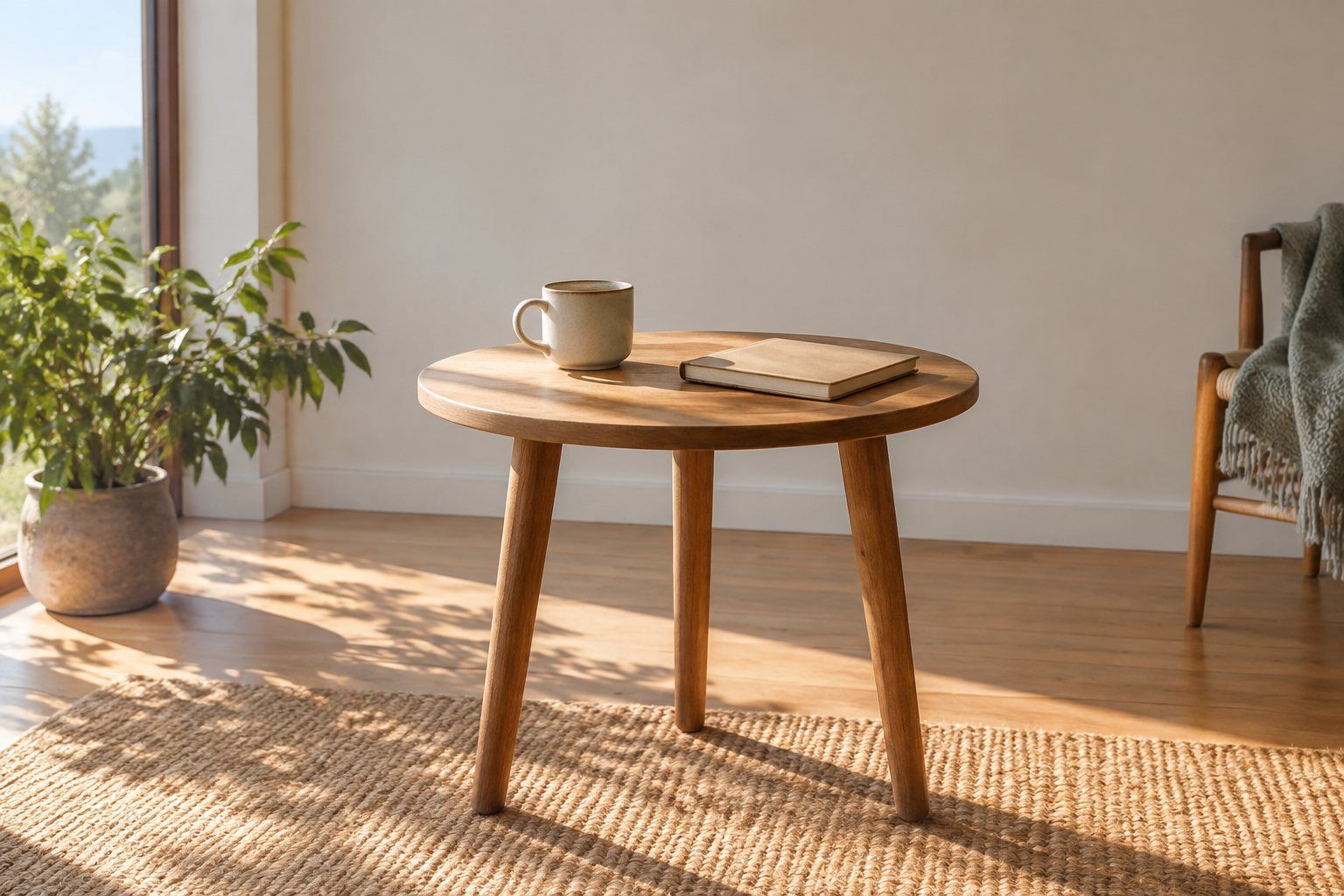 A small wooden table with a cup and a closed notebook.