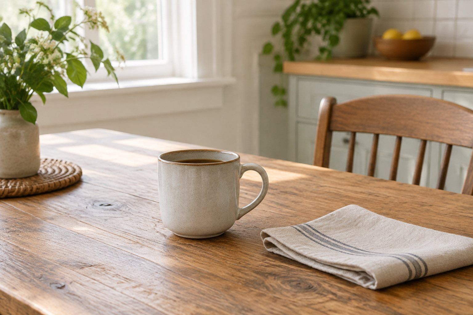 A kitchen table in soft daylight with a single cup.