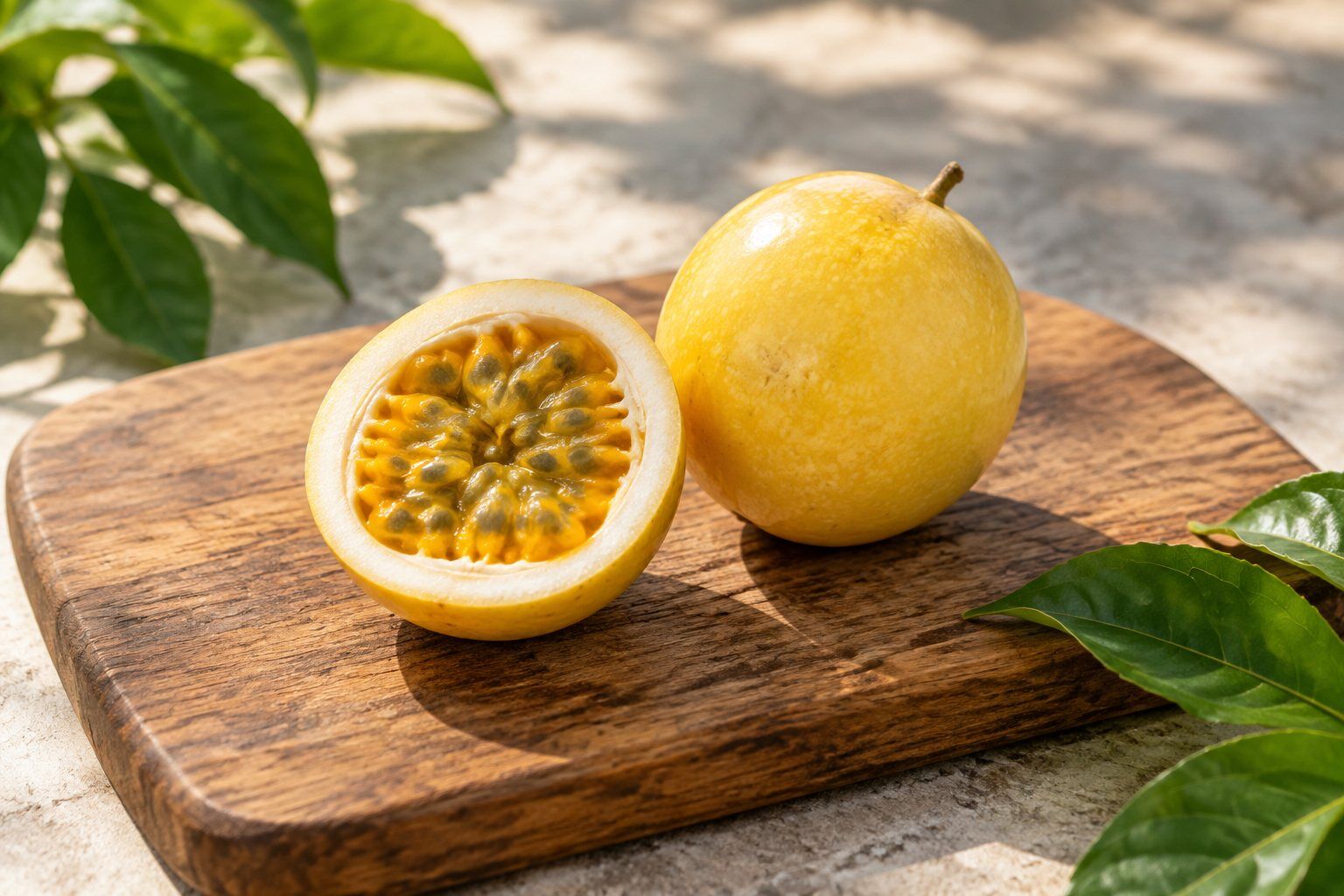 Passionfruit on a wooden board in bright, calm light.