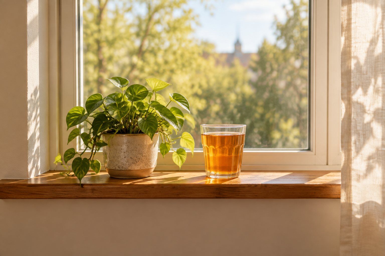 A sunny windowsill with a glass and a small green plant.