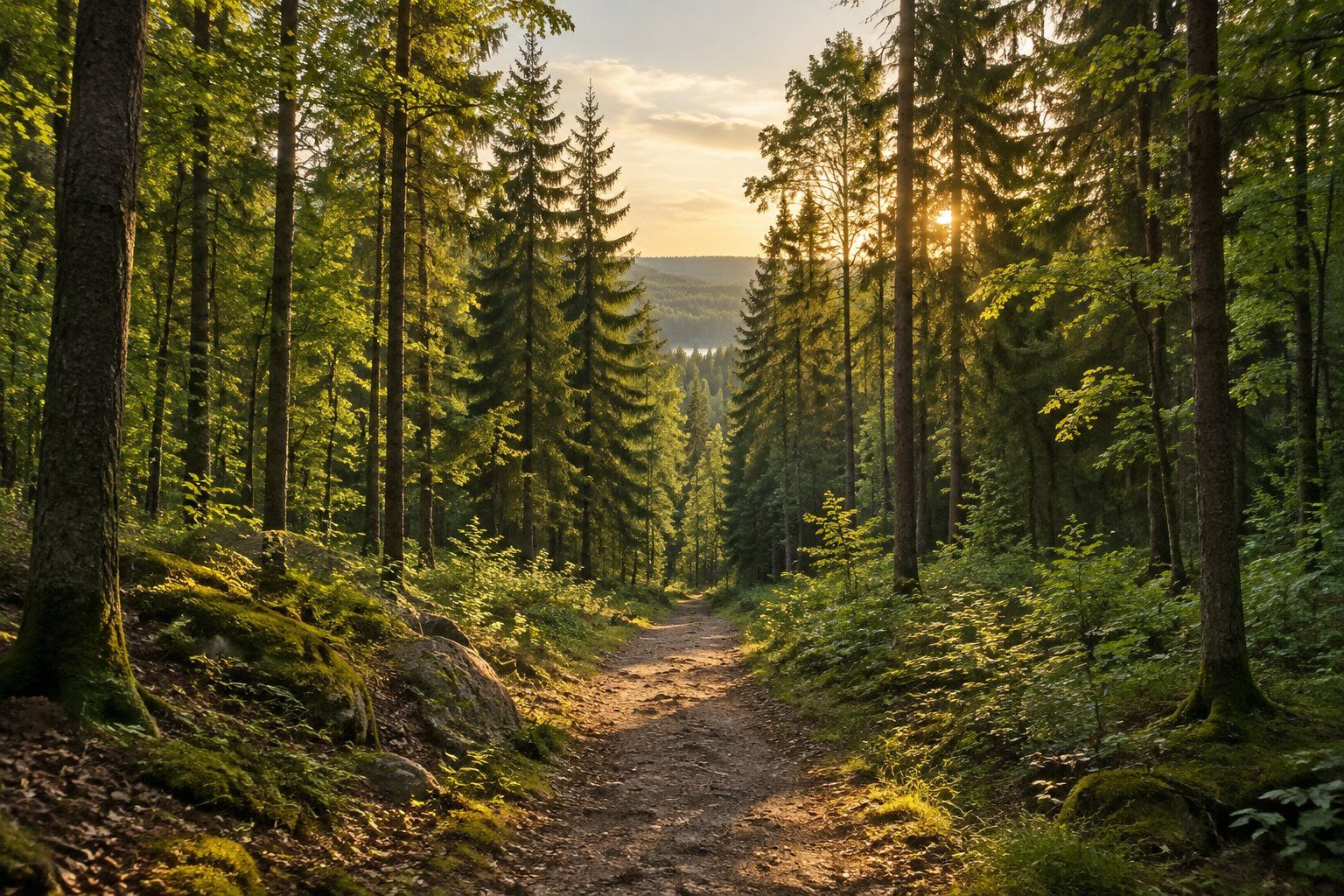 A green forest edge in soft gold light.
