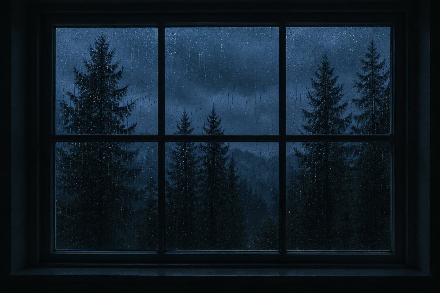 A rain-streaked window looking out at evergreen trees at night.