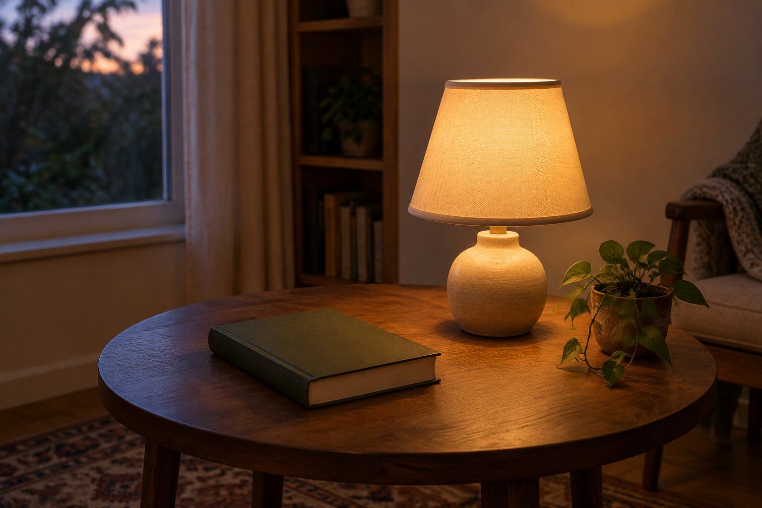 A closed book and a small lamp on a wooden table.