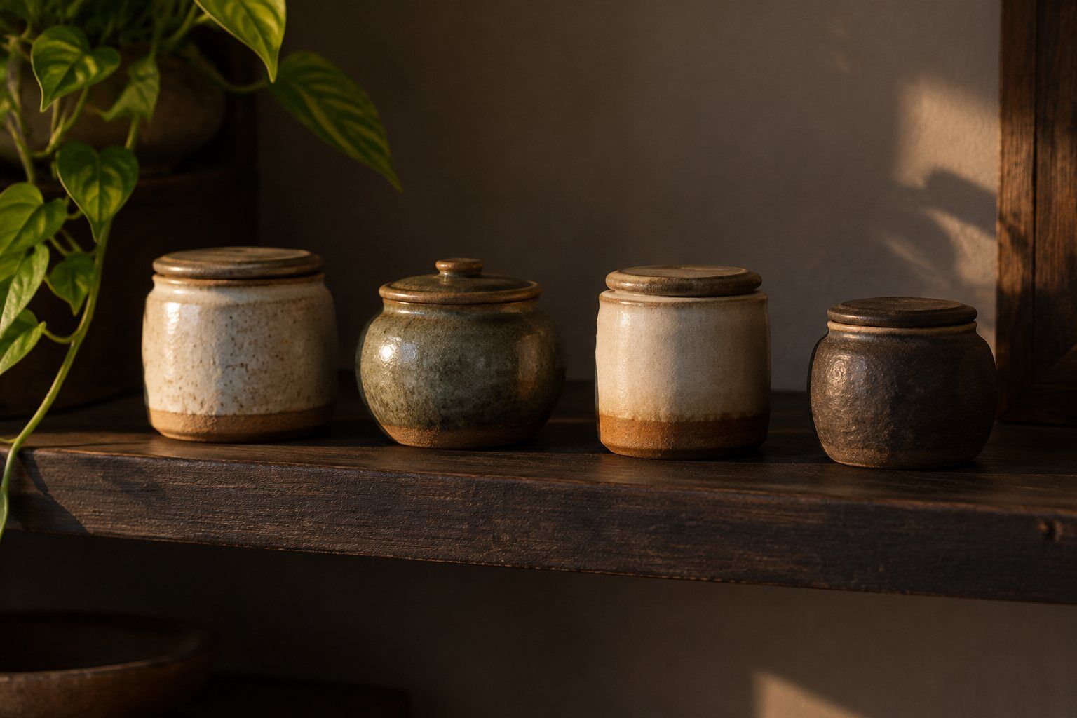 Four small ceramic jars in a row on a dark wooden shelf in evening light.
