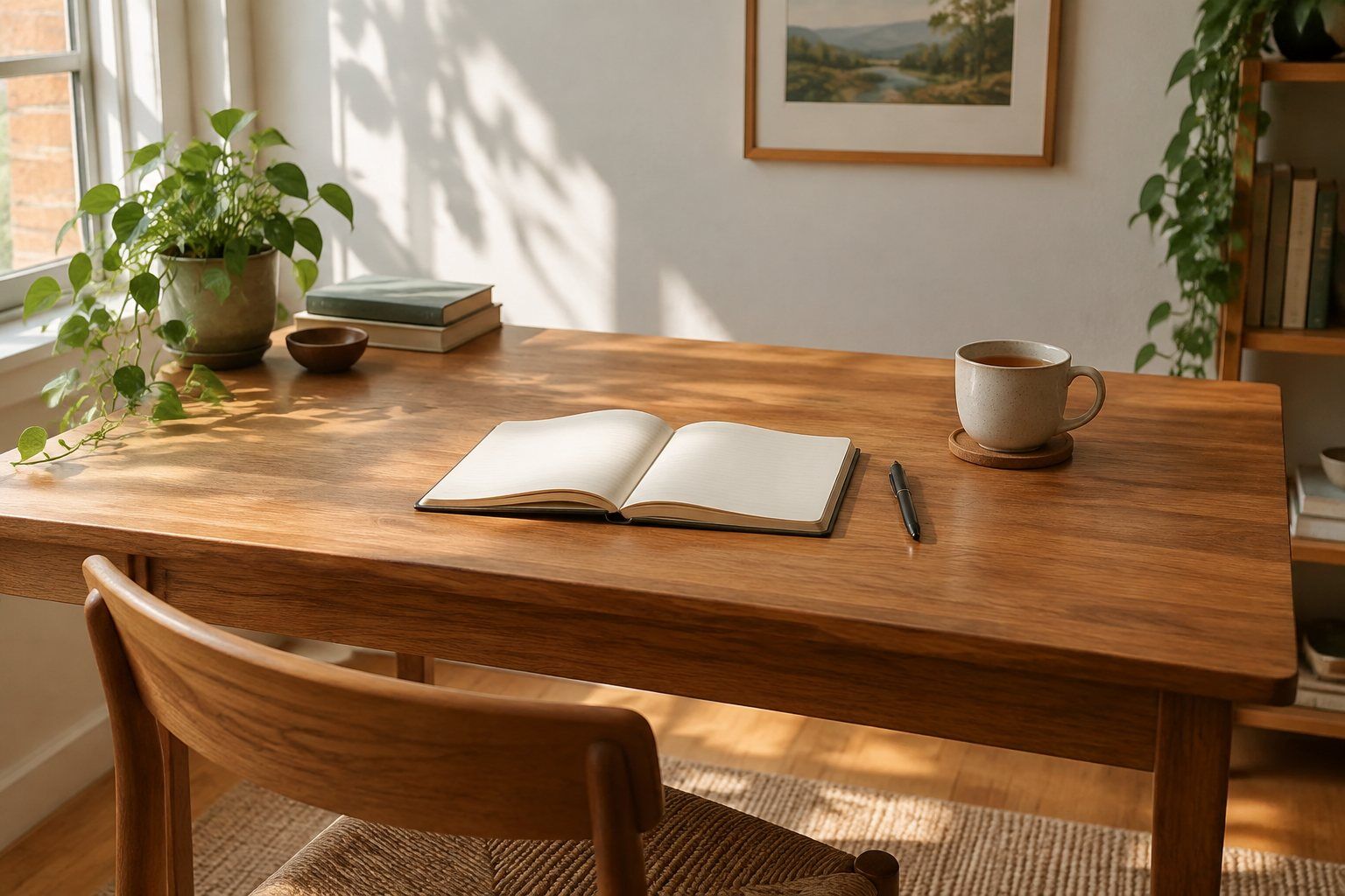 A quiet desk with a notebook and a cup of tea in morning light.