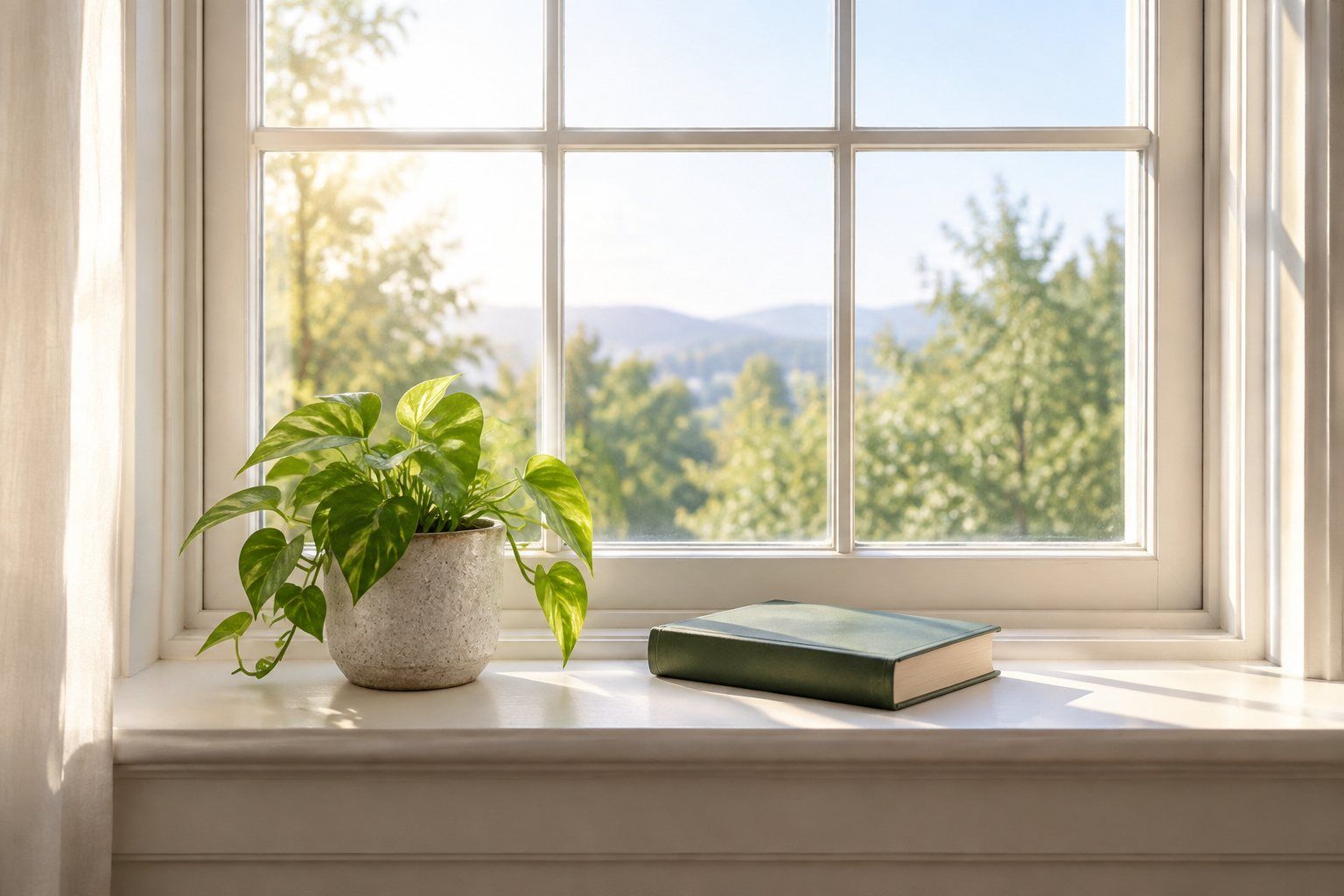 A closed book and a small plant on a bright windowsill.